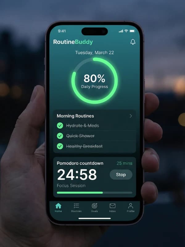 Phone mockup showing the RoutineBuddy home screen with an 80% progress ring and an active Pomodoro countdown
