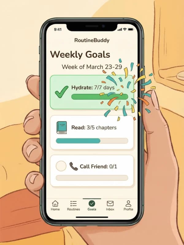 Phone mockup showing the Goals page with a completed goal, a goal at 3 of 5, and an uncompleted checkbox goal